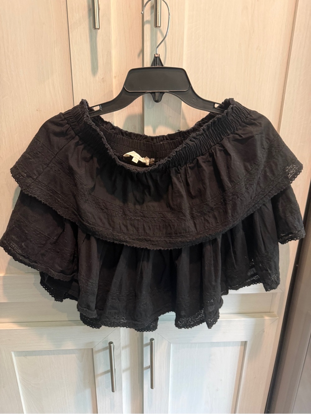 LoveShackFancy Black Off-Shoulder Ruffle Crop Top